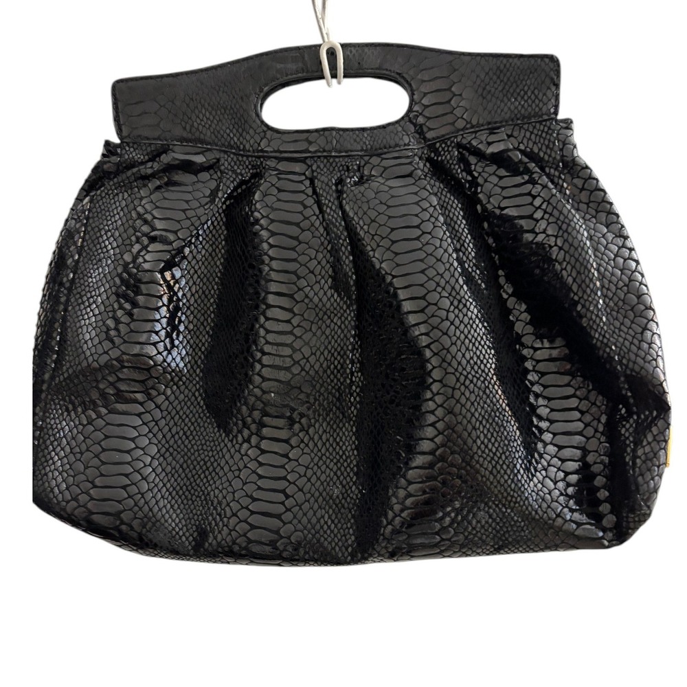 Perlina Studio Black Snakeskin Embossed Handbag Cutout Handle Y2K Patent